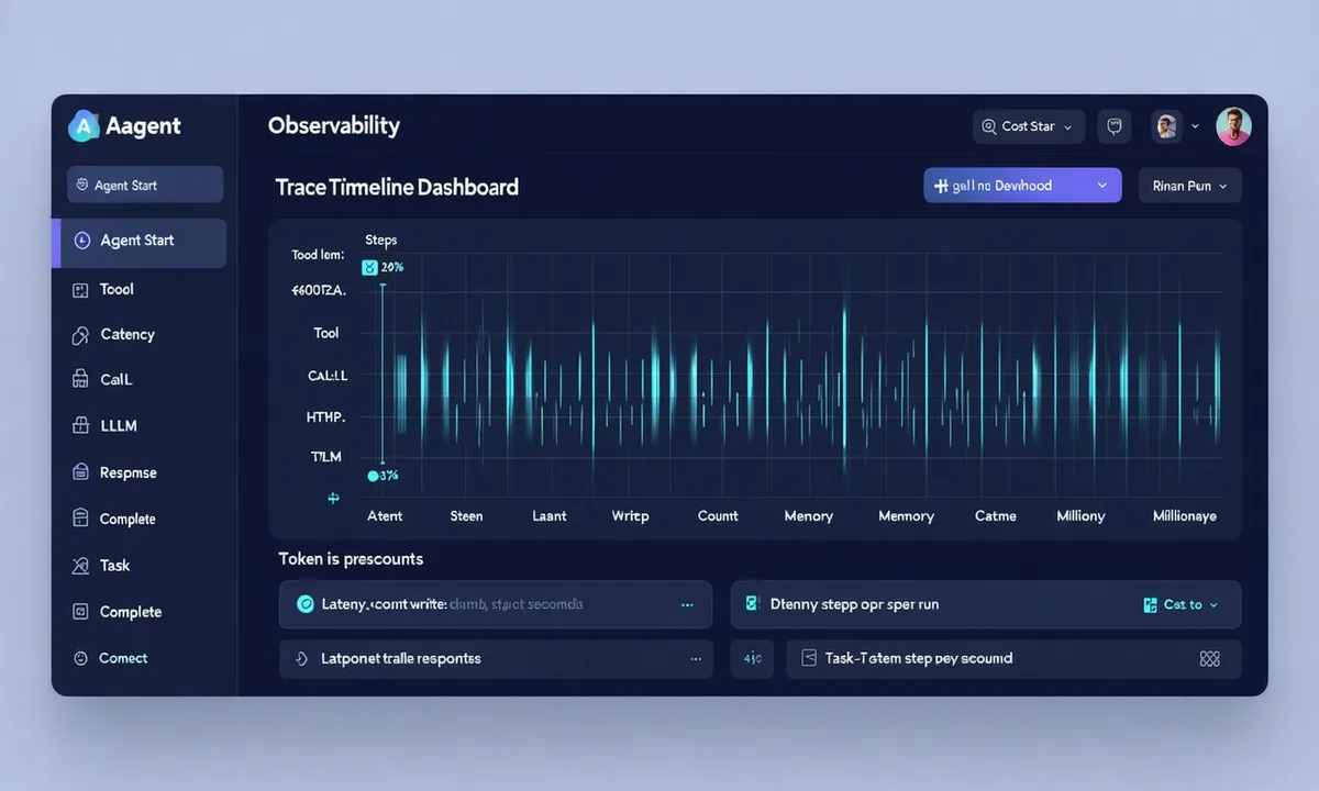 Diaflow observability dashboard showing agent run trace with tool calls, latency timeline, and LLM cost breakdown